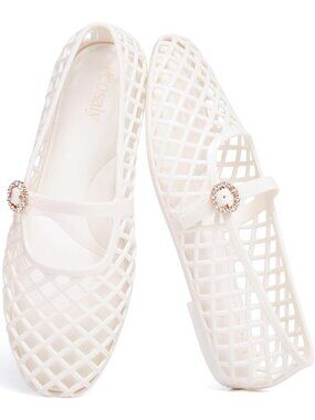 Women's Mary Jan White Comfortable Slip On Pointed Toe Jelly Flats Casual Shoes